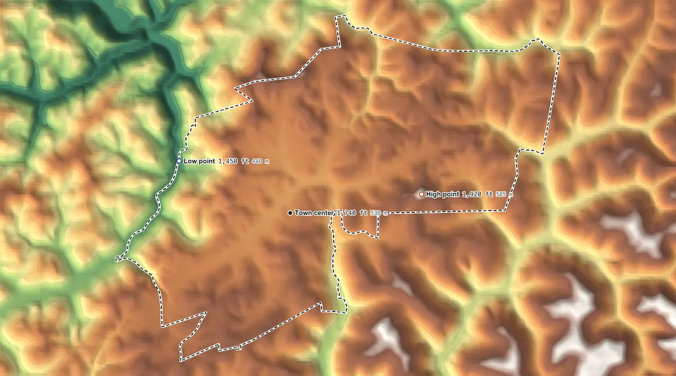 Topographic elevation map of Rock Cave, West Virginia, shaded from 1,450 ft on the northwest side to 1,920 ft on Bob Peak