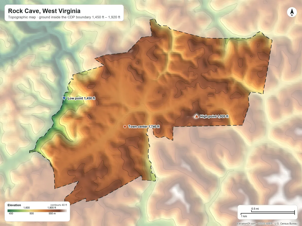 Topographic elevation map of Rock Cave, West Virginia, shaded from 1,450 ft on the northwest side to 1,920 ft on Bob Peak