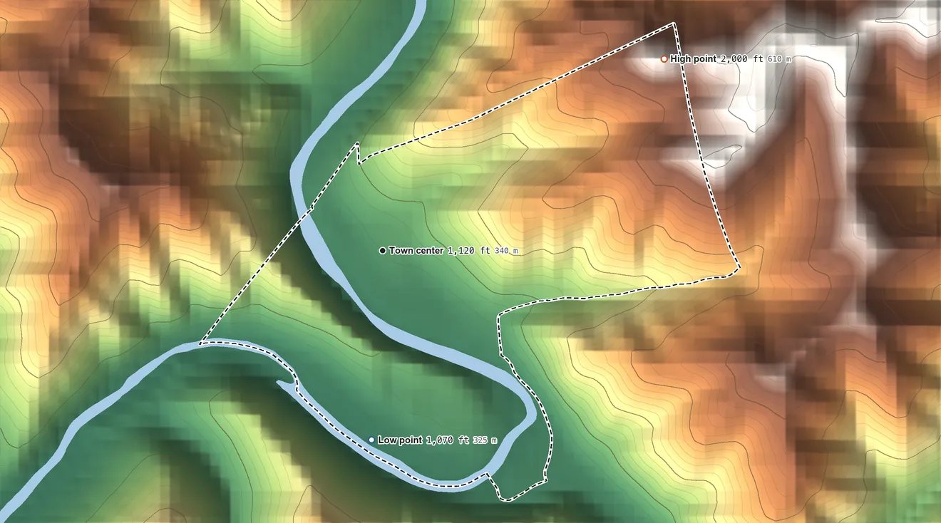 Topographic elevation map of Roderfield, West Virginia, shaded from 1,070 ft on the south side to 2,000 ft on the northeast side