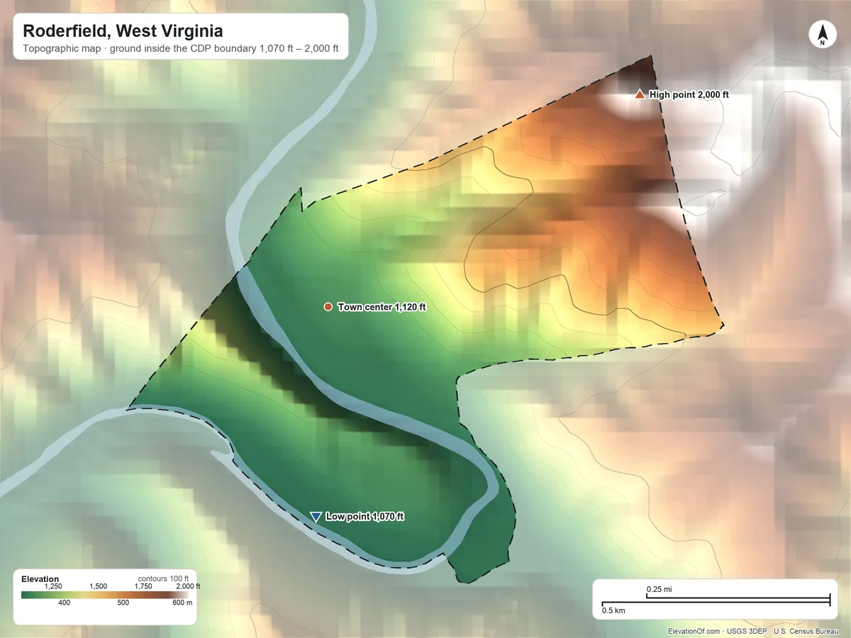 Topographic elevation map of Roderfield, West Virginia, shaded from 1,070 ft on the south side to 2,000 ft on the northeast side