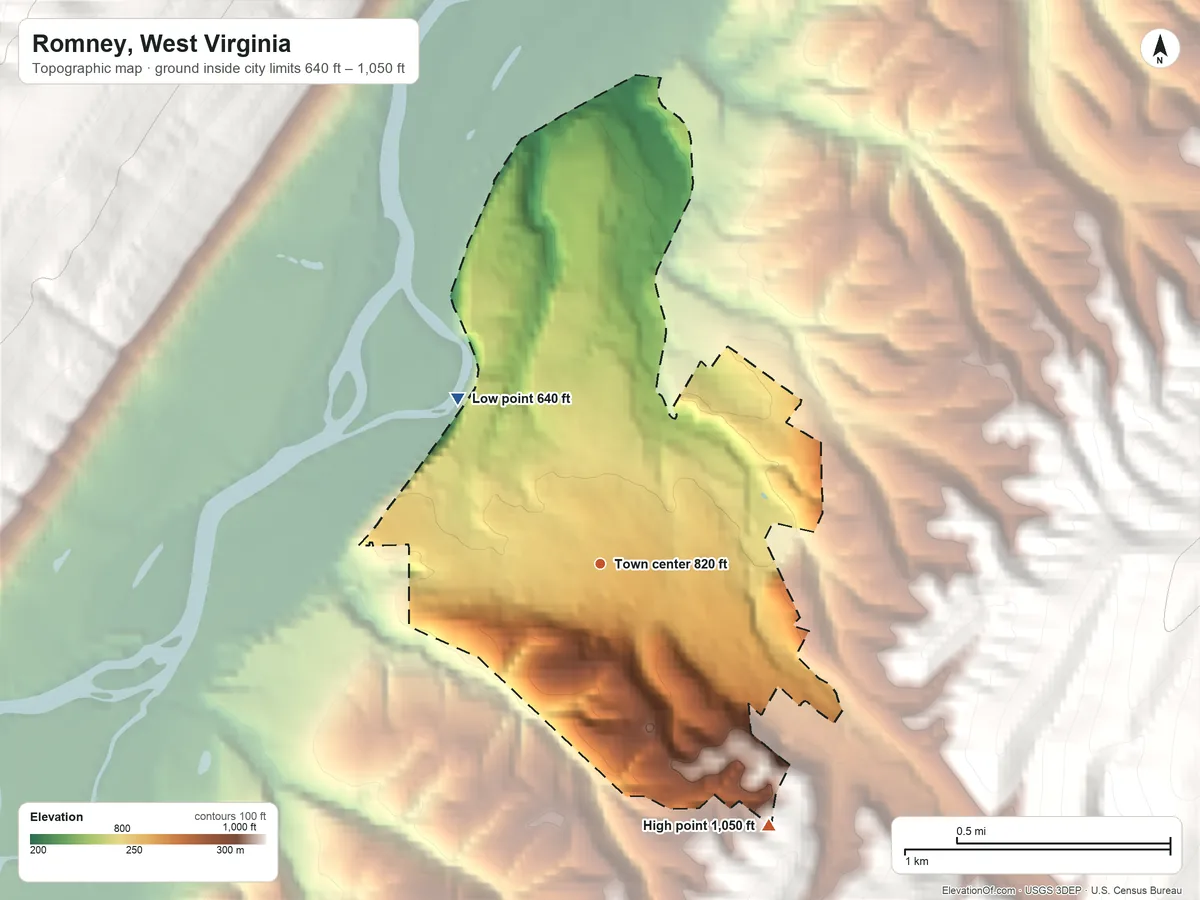 Topographic elevation map of Romney, West Virginia, shaded from 640 ft on the northwest side to 1,050 ft on the southeast edge, below higher ground just outside