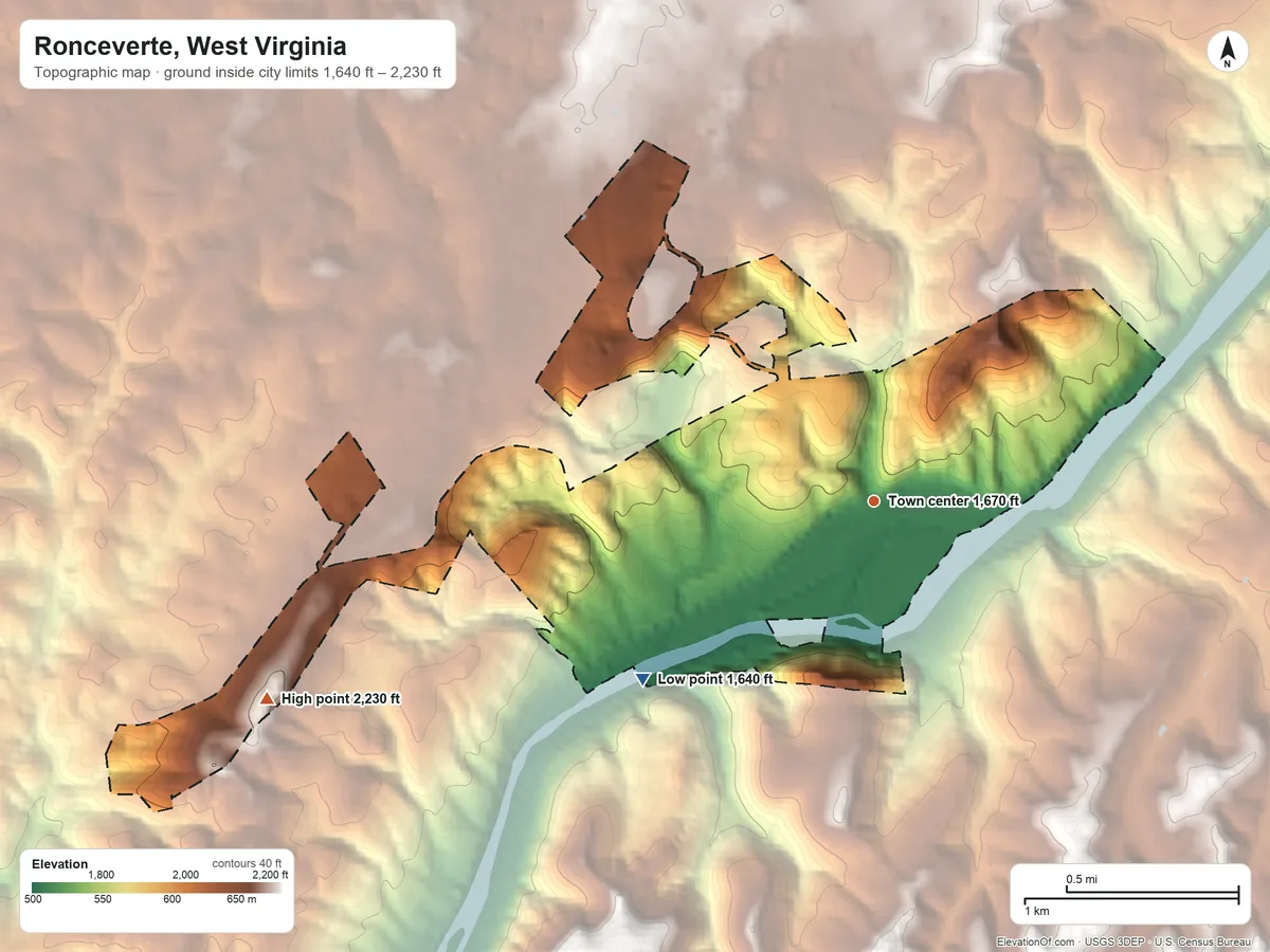 Topographic elevation map of Ronceverte, West Virginia, shaded from 1,640 ft on the southwest side to 2,230 ft on the west side