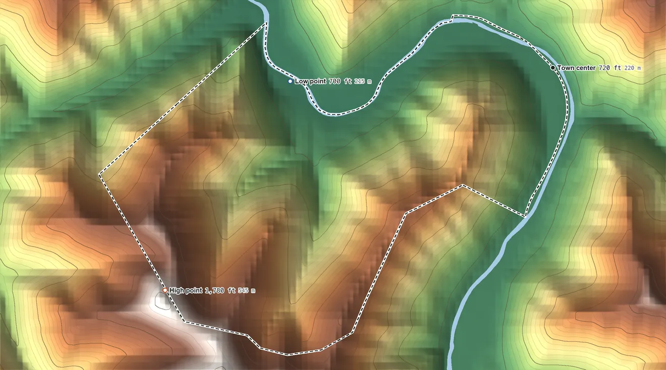 Topographic elevation map of Rossmore, West Virginia, shaded from 700 ft on the west side to 1,780 ft on the southwest side