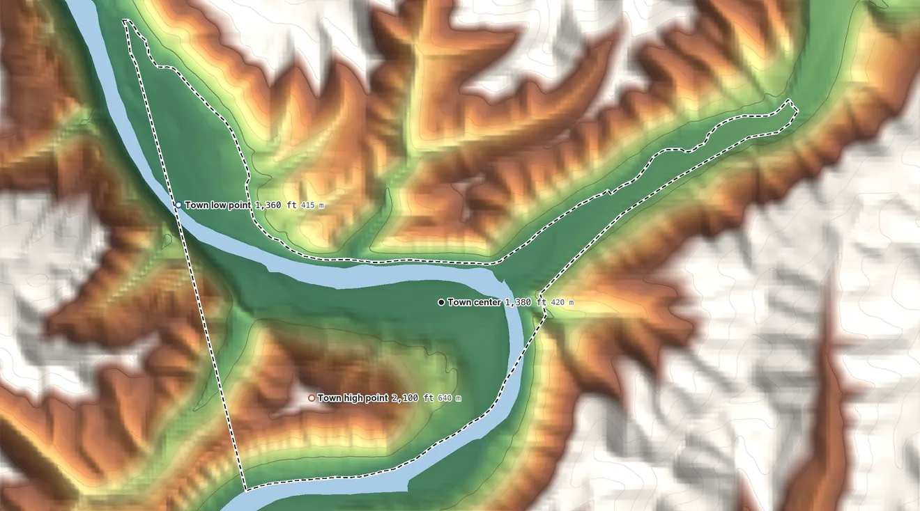 Topographic elevation map of Rowlesburg, West Virginia, shaded from 1,360 ft on the west side to 2,100 ft at the foot of the Briery Mountains