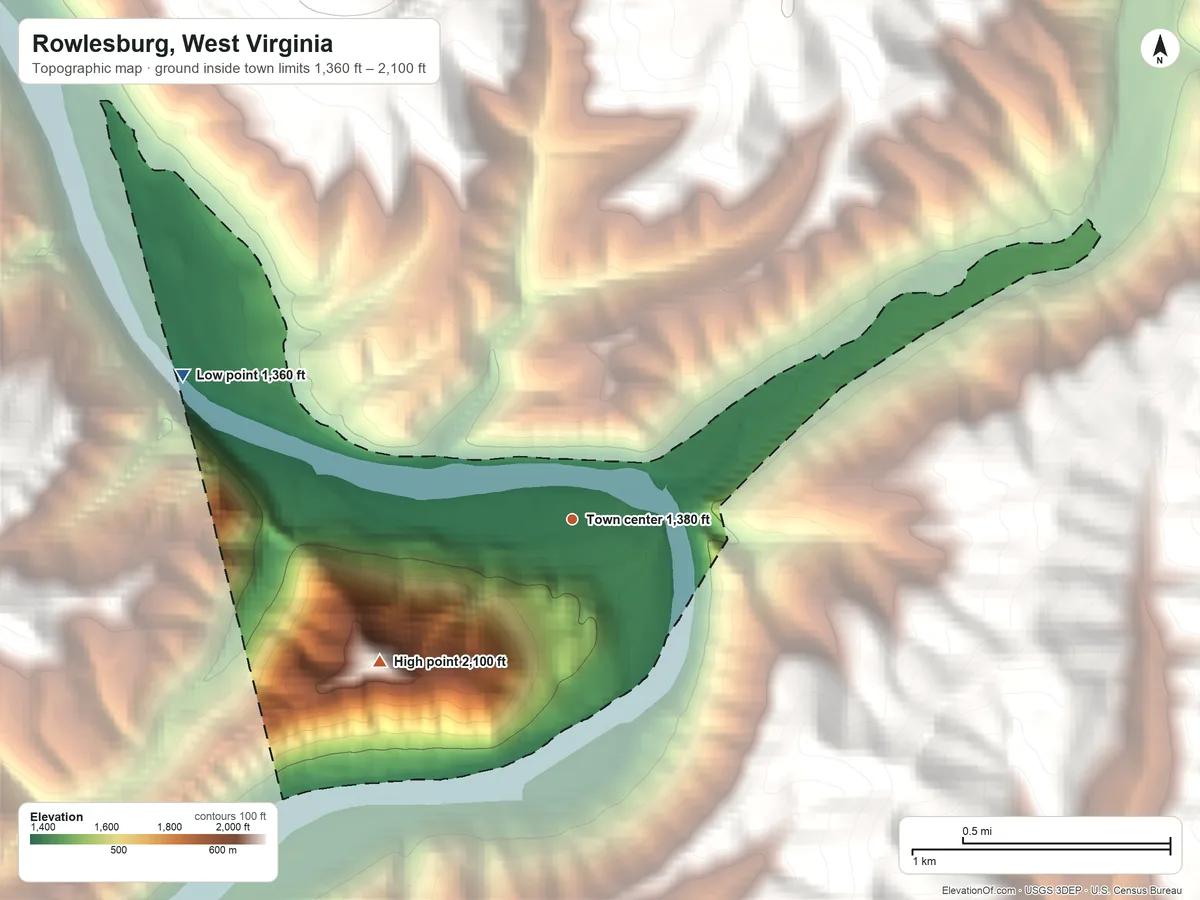 Topographic elevation map of Rowlesburg, West Virginia, shaded from 1,360 ft on the west side to 2,100 ft at the foot of the Briery Mountains