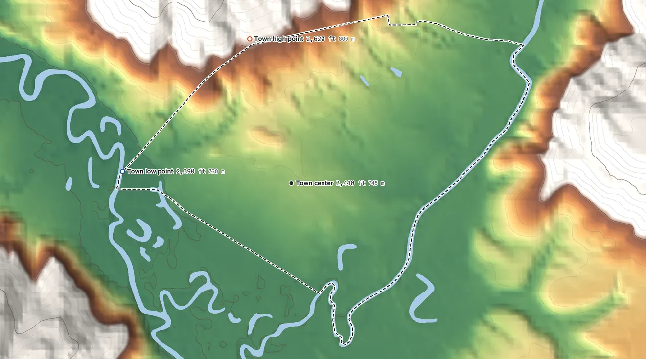 Topographic elevation map of Rupert, West Virginia, shaded from 2,390 ft on the west side to 2,620 ft on the north edge, below higher ground just outside