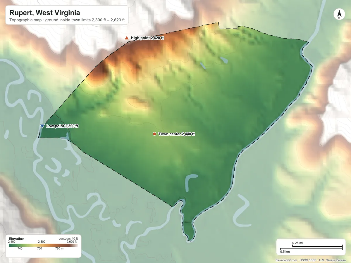 Topographic elevation map of Rupert, West Virginia, shaded from 2,390 ft on the west side to 2,620 ft on the north edge, below higher ground just outside