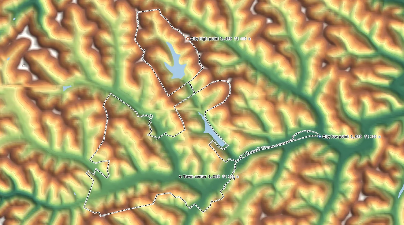 Topographic elevation map of Salem, West Virginia, shaded from 1,030 ft on the east side to 1,450 ft on the north side