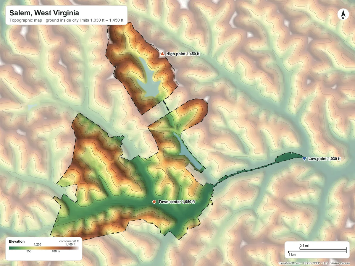 Topographic elevation map of Salem, West Virginia, shaded from 1,030 ft on the east side to 1,450 ft on the north side