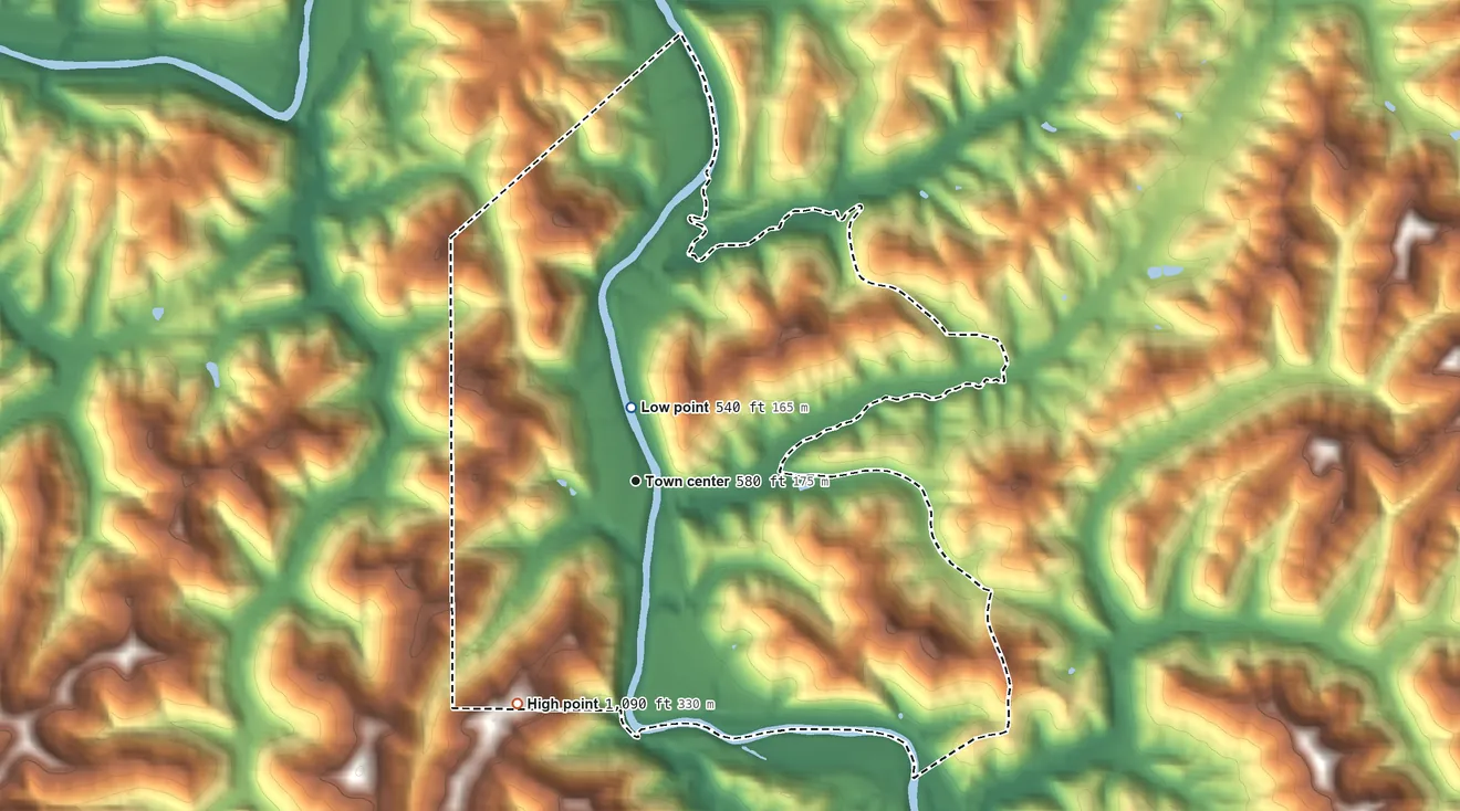Topographic elevation map of Salt Rock, West Virginia, shaded from 540 ft near the middle to 1,090 ft on the southwest side