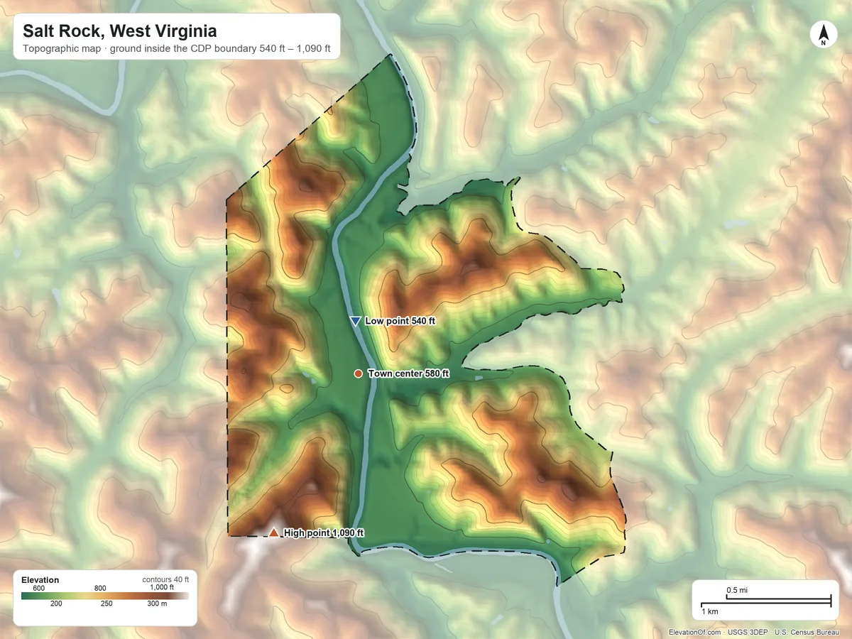 Topographic elevation map of Salt Rock, West Virginia, shaded from 540 ft near the middle to 1,090 ft on the southwest side