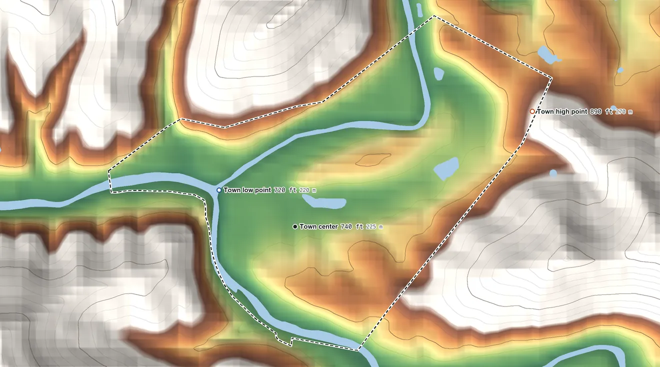 Topographic elevation map of Sand Fork, West Virginia, shaded from 720 ft on the northwest side to 890 ft on the northeast edge, below higher ground just outside