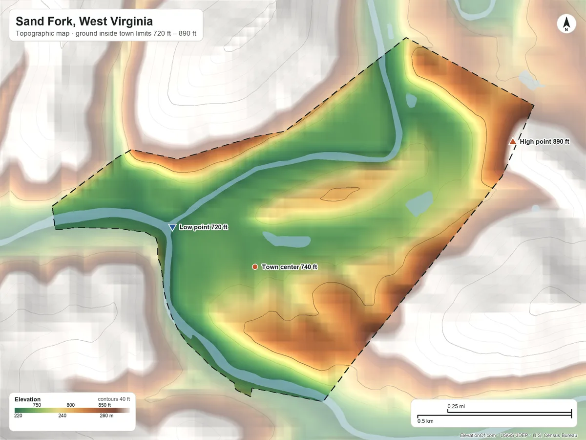 Topographic elevation map of Sand Fork, West Virginia, shaded from 720 ft on the northwest side to 890 ft on the northeast edge, below higher ground just outside