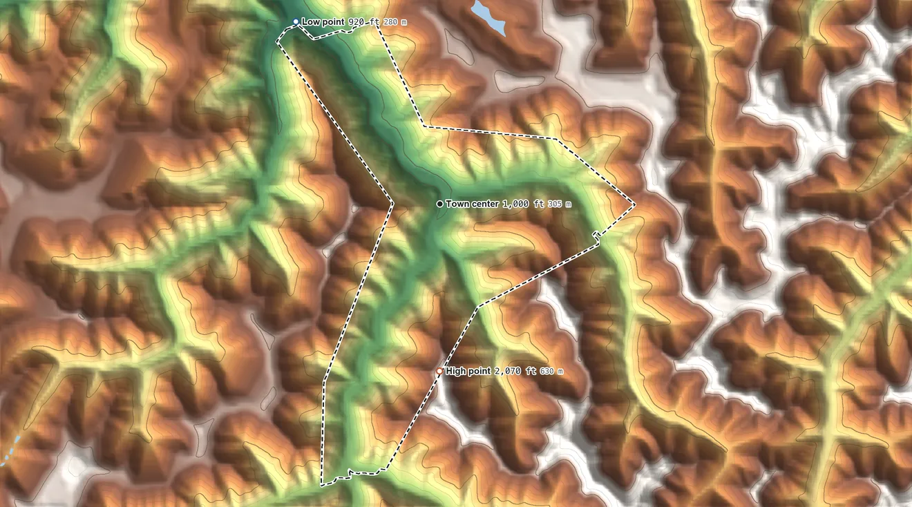 Topographic elevation map of Sarah Ann, West Virginia, shaded from 920 ft on the northwest side to 2,070 ft on the south side
