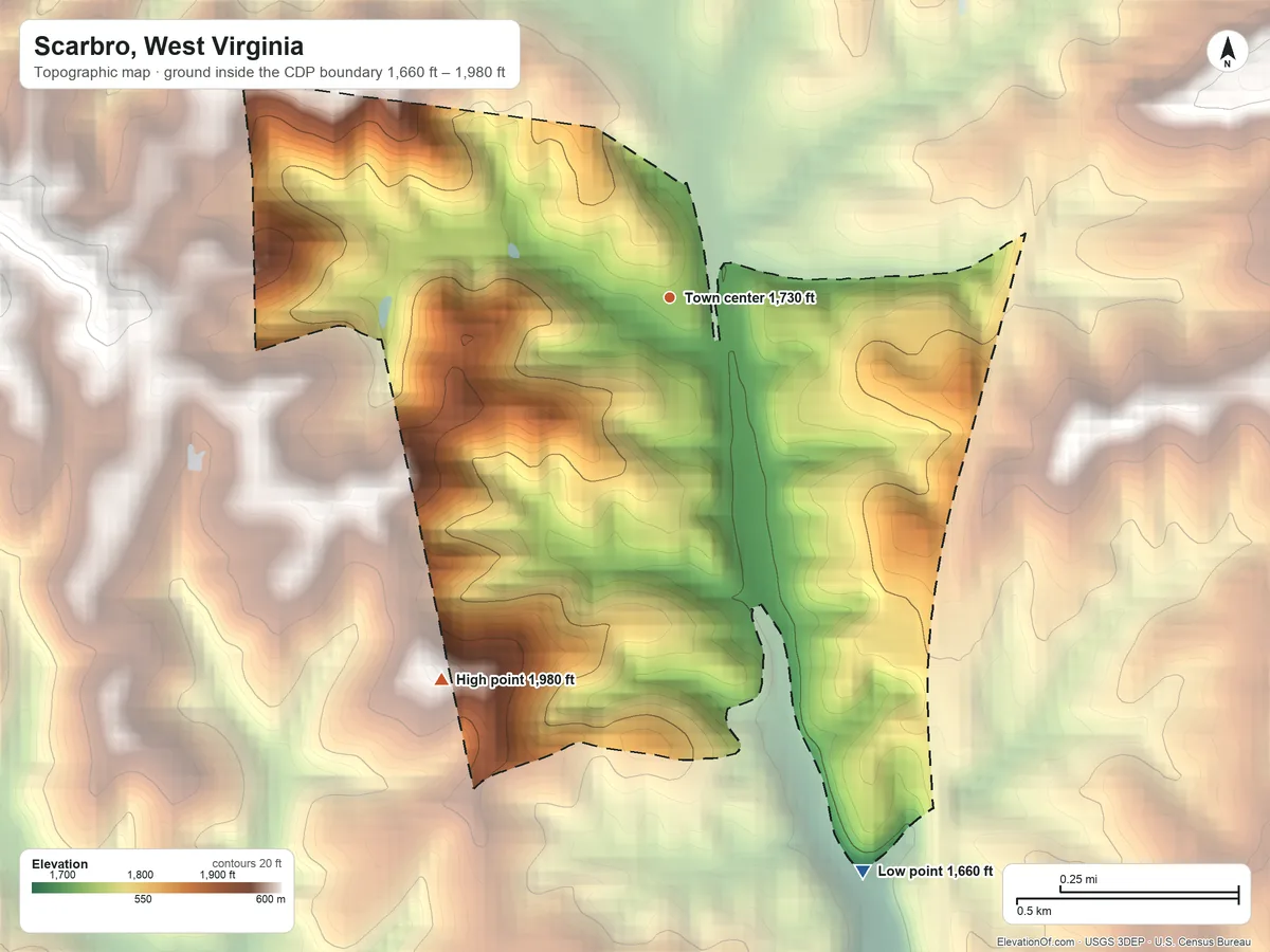 Topographic elevation map of Scarbro, West Virginia, shaded from 1,660 ft on the south side to 1,980 ft on the southwest edge, below higher ground just outside