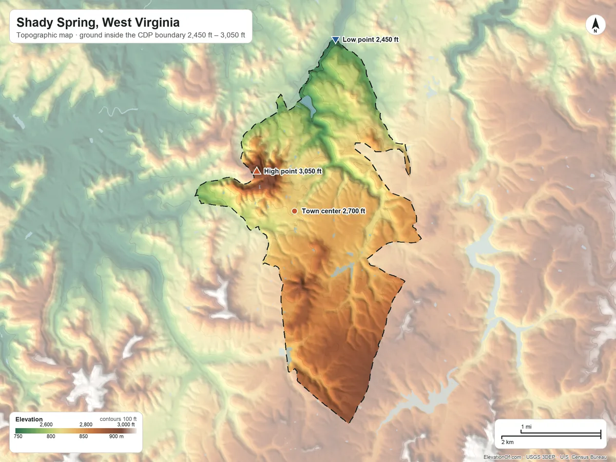Topographic elevation map of Shady Spring, West Virginia, shaded from 2,450 ft on the north side to 3,050 ft on Shady Spring Mountain