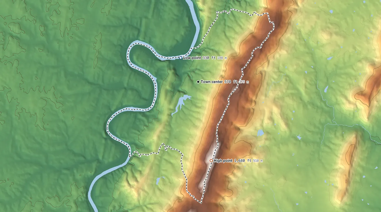 Topographic elevation map of Shannondale, West Virginia, shaded from 330 ft on the northwest side to 1,680 ft on the south side