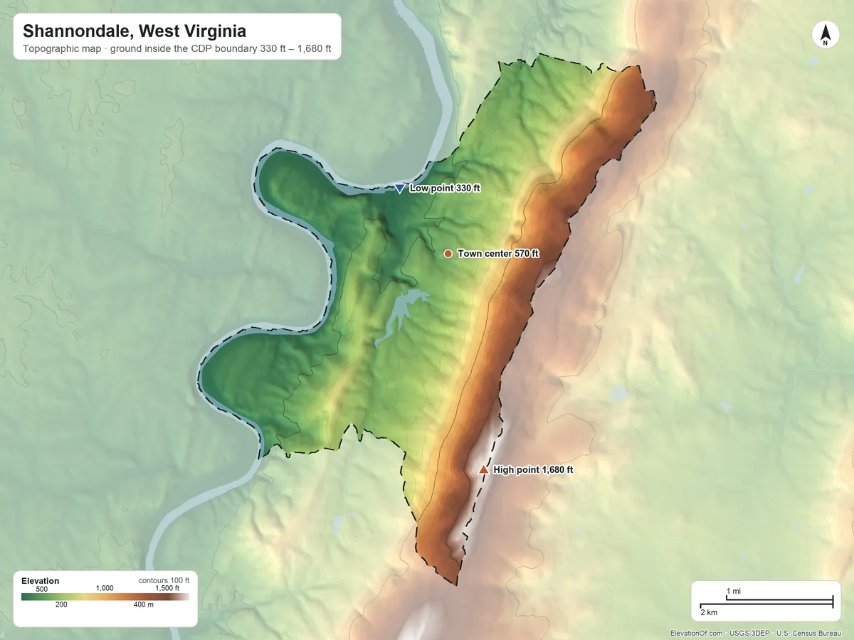 Topographic elevation map of Shannondale, West Virginia, shaded from 330 ft on the northwest side to 1,680 ft on the south side