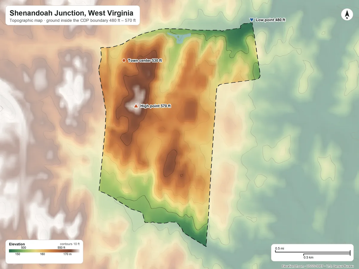 Topographic elevation map of Shenandoah Junction, West Virginia, shaded from 480 ft on the east side to 570 ft on the south side