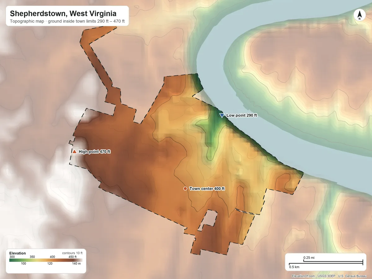 Topographic elevation map of Shepherdstown, West Virginia, shaded from 290 ft on the northeast side to 470 ft on the west side