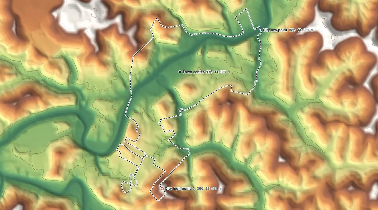 Topographic elevation map of Shinnston, West Virginia, shaded from 880 ft on the northeast side to 1,390 ft on the south side