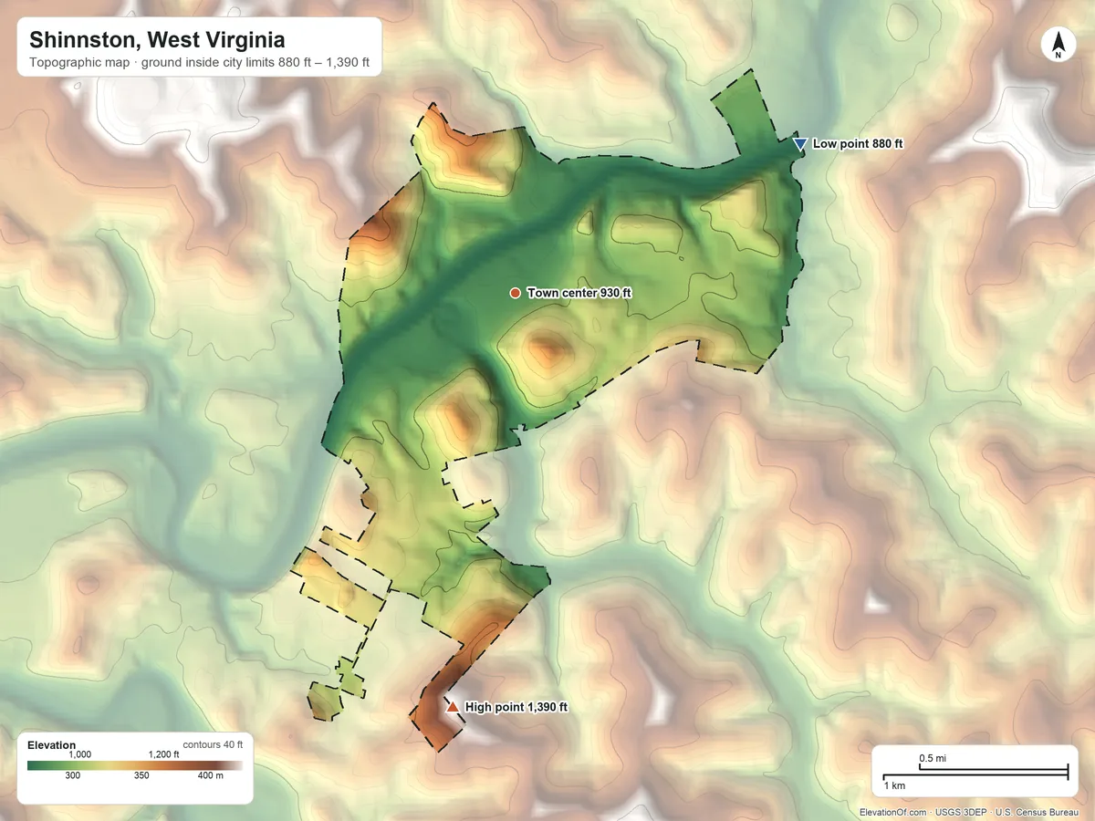 Topographic elevation map of Shinnston, West Virginia, shaded from 880 ft on the northeast side to 1,390 ft on the south side