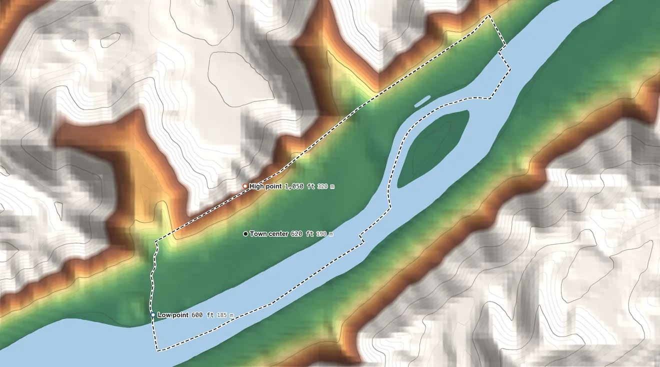 Topographic elevation map of Shrewsbury, West Virginia, shaded from 600 ft on the southwest side to 1,050 ft on the north edge, below higher ground just outside