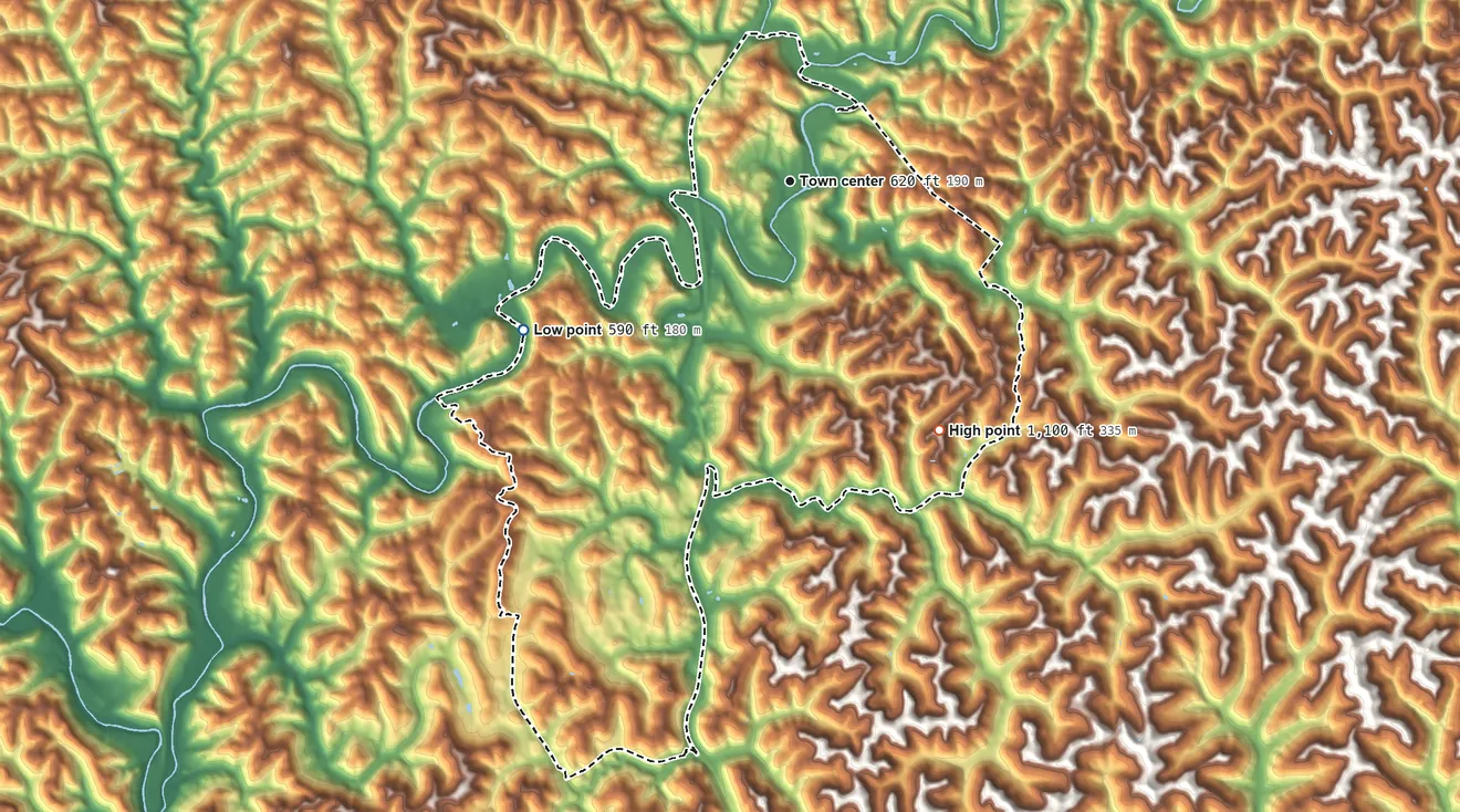 Topographic elevation map of Sissonville, West Virginia, shaded from 590 ft on the southwest side to 1,100 ft on the southeast side