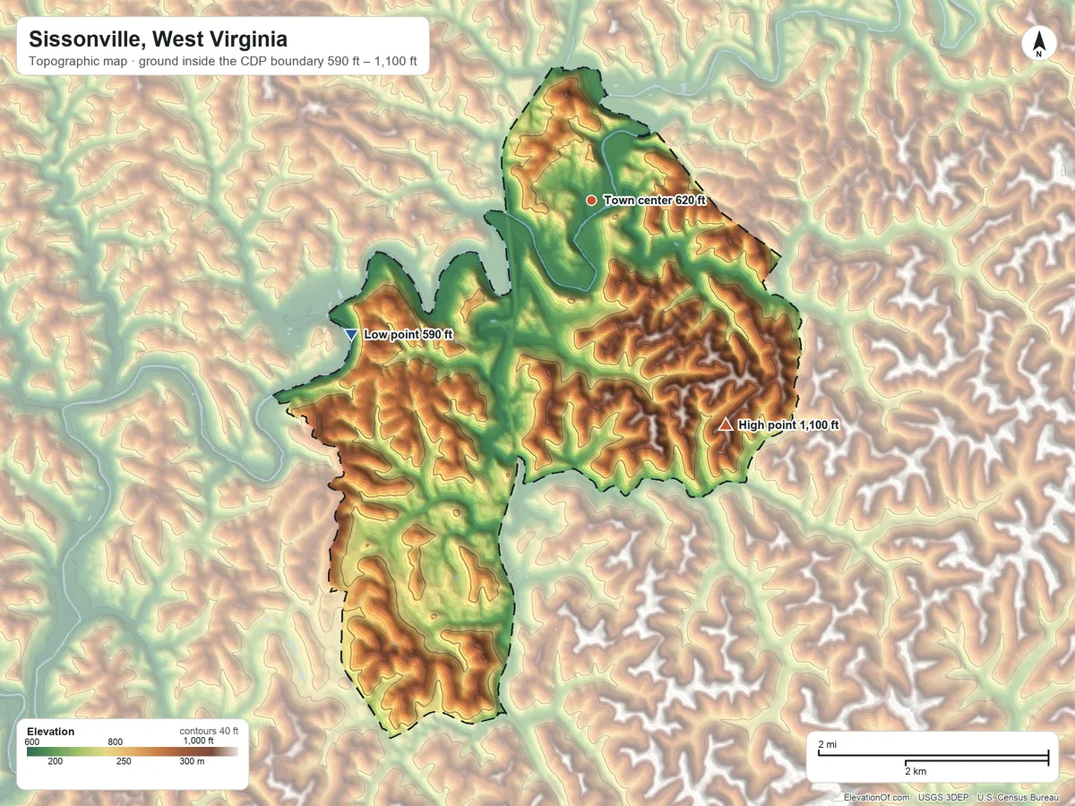 Topographic elevation map of Sissonville, West Virginia, shaded from 590 ft on the southwest side to 1,100 ft on the southeast side