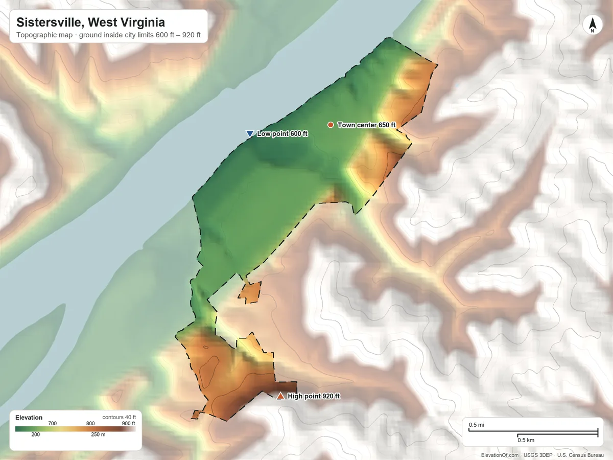Topographic elevation map of Sistersville, West Virginia, shaded from 600 ft on the west side to 920 ft on the south edge, below higher ground just outside