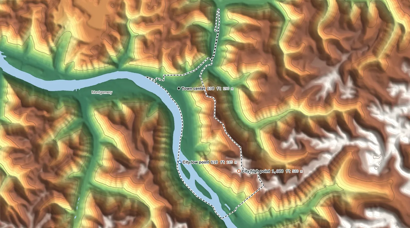 Topographic elevation map of Smithers, West Virginia, shaded from 610 ft on the south side to 1,900 ft on the southeast side