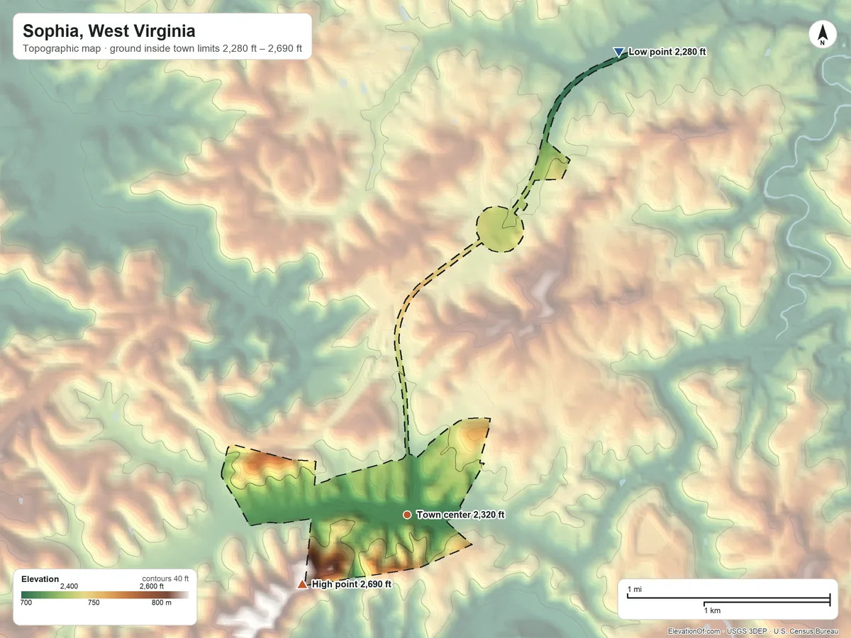 Topographic elevation map of Sophia, West Virginia, shaded from 2,280 ft on the northeast side to 2,690 ft on the southwest side