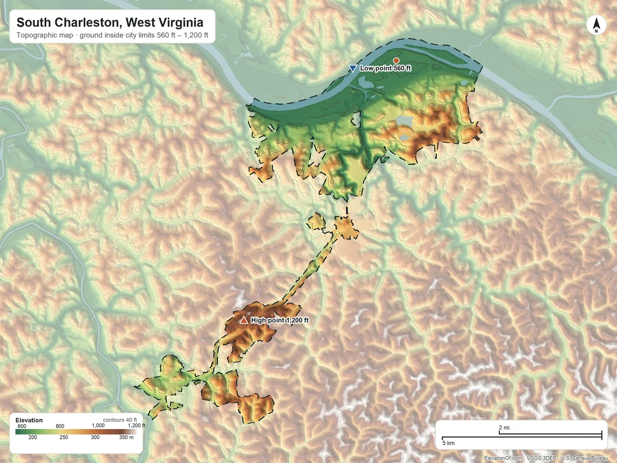 Topographic elevation map of South Charleston, West Virginia, shaded from 560 ft near the middle to 1,200 ft on the southwest side