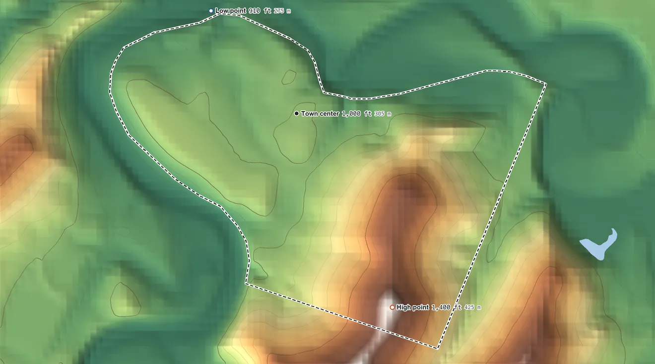 Topographic elevation map of Spelter, West Virginia, shaded from 910 ft on the northwest side to 1,400 ft on the southeast side