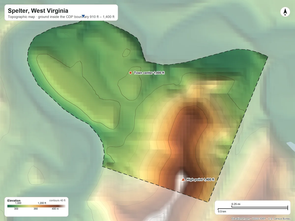 Topographic elevation map of Spelter, West Virginia, shaded from 910 ft on the northwest side to 1,400 ft on the southeast side