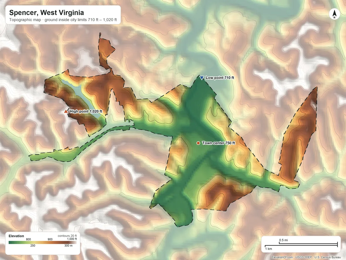 Topographic elevation map of Spencer, West Virginia, shaded from 710 ft on the north side to 1,020 ft on the west side