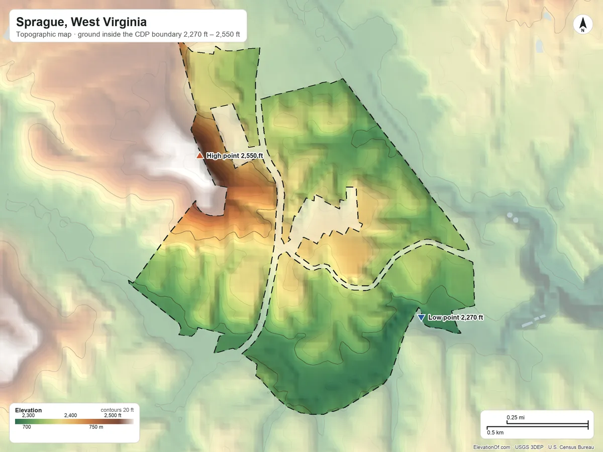 Topographic elevation map of Sprague, West Virginia, shaded from 2,270 ft on the southeast side to 2,550 ft on the northwest side
