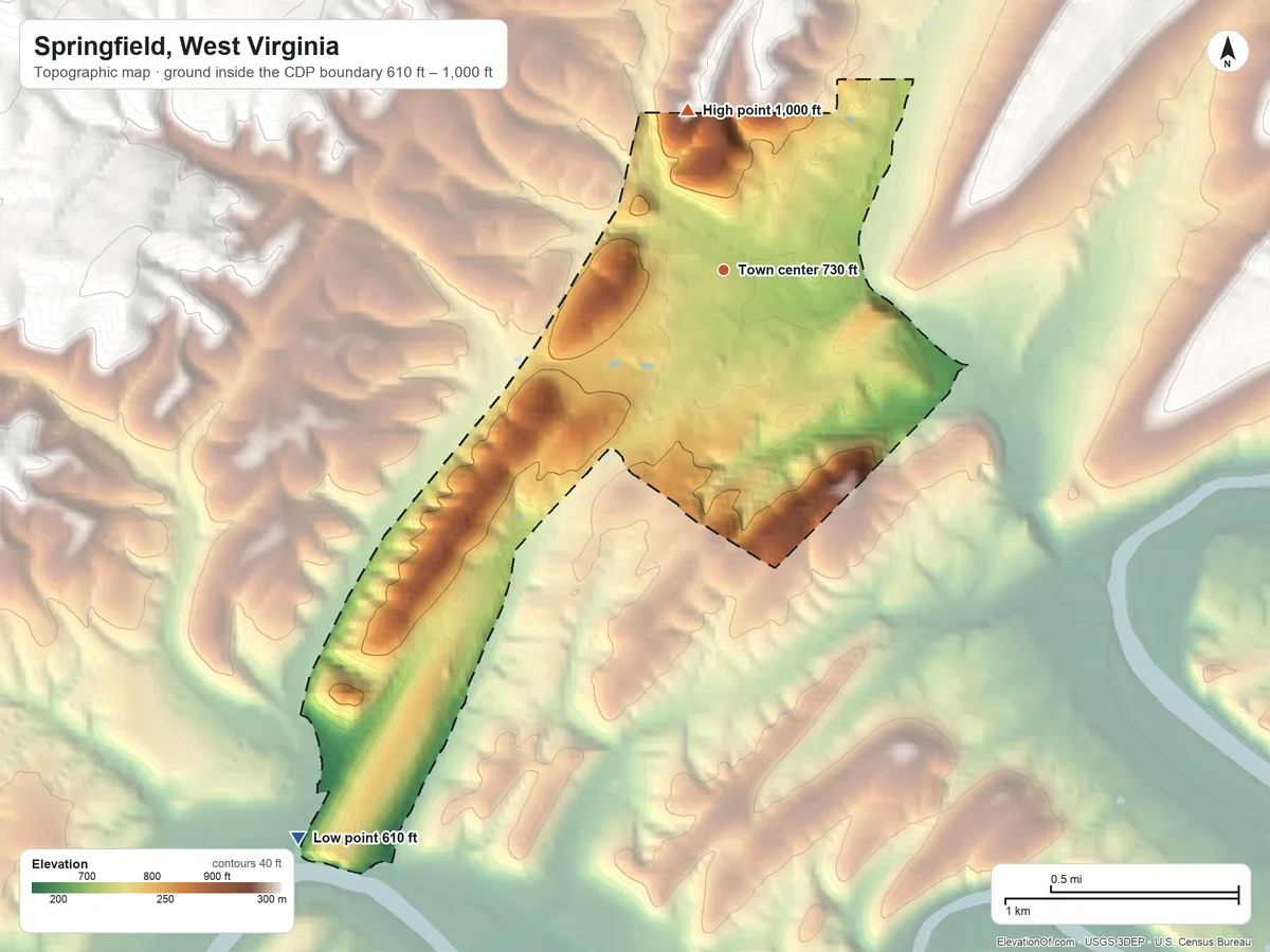 Topographic elevation map of Springfield, West Virginia, shaded from 610 ft on the southwest side to 1,000 ft on the north edge, below higher ground just outside