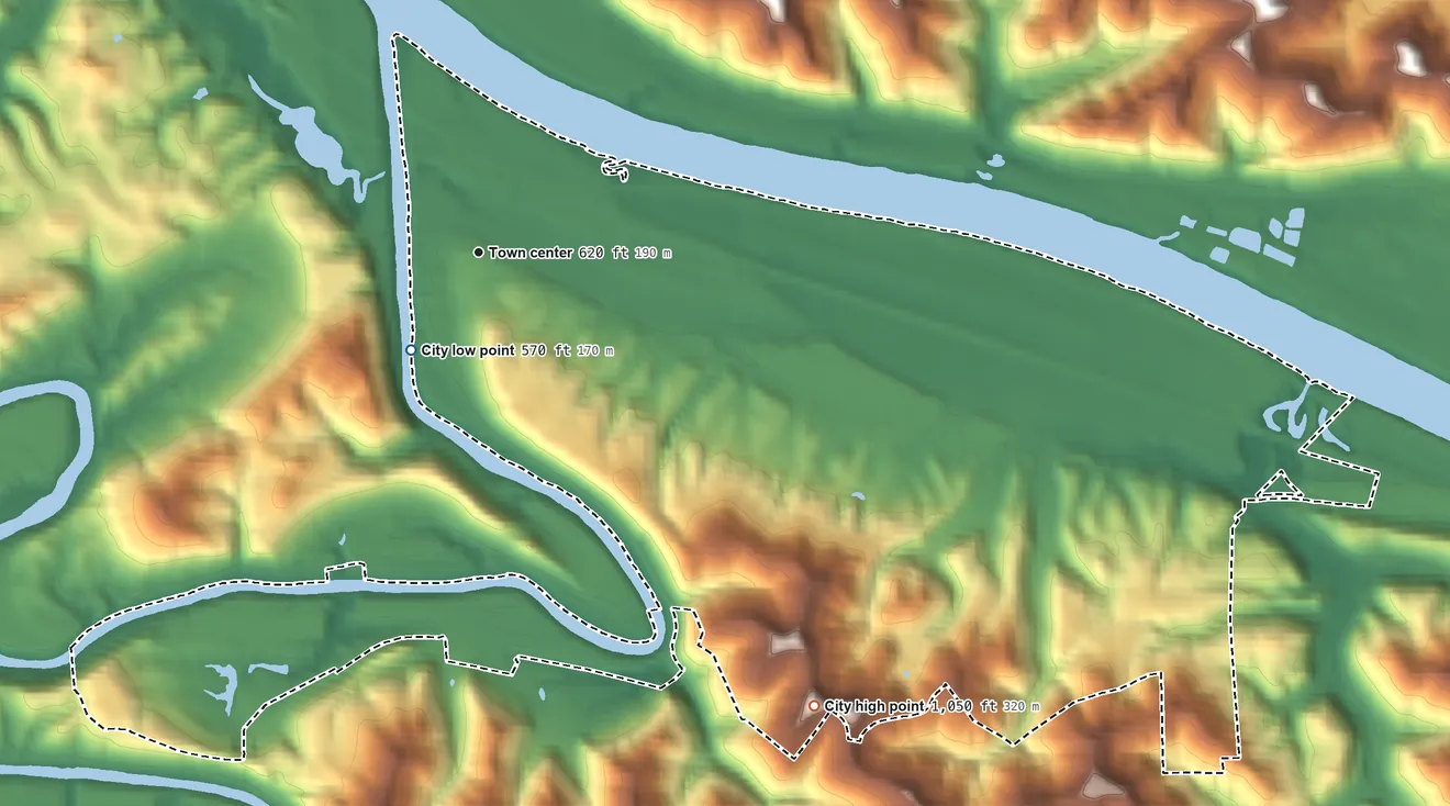 Topographic elevation map of St. Albans, West Virginia, shaded from 570 ft near the middle to 1,050 ft on the southeast side