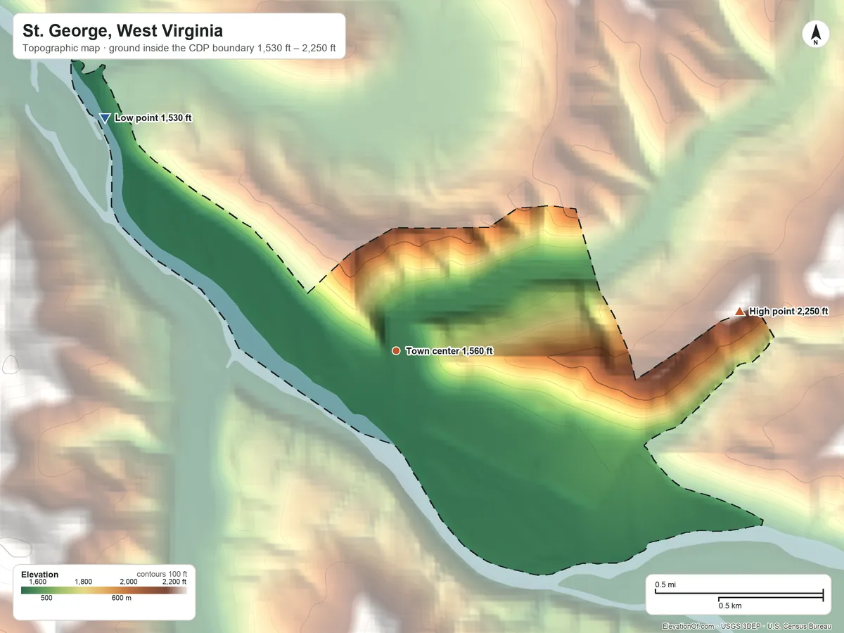 Topographic elevation map of St. George, West Virginia, shaded from 1,530 ft on the northwest side to 2,250 ft at the foot of the Backbone Mountain
