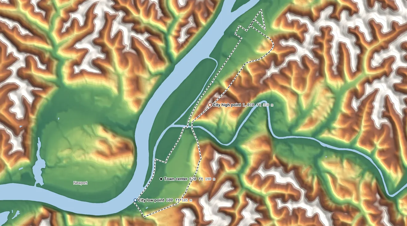 Topographic elevation map of St. Marys, West Virginia, shaded from 600 ft on the southwest side to 1,010 ft on the northeast side