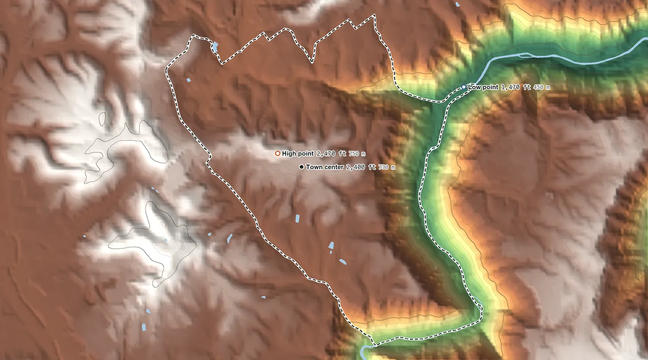 Topographic elevation map of Stanaford, West Virginia, shaded from 1,470 ft on the northeast side to 2,470 ft near the middle