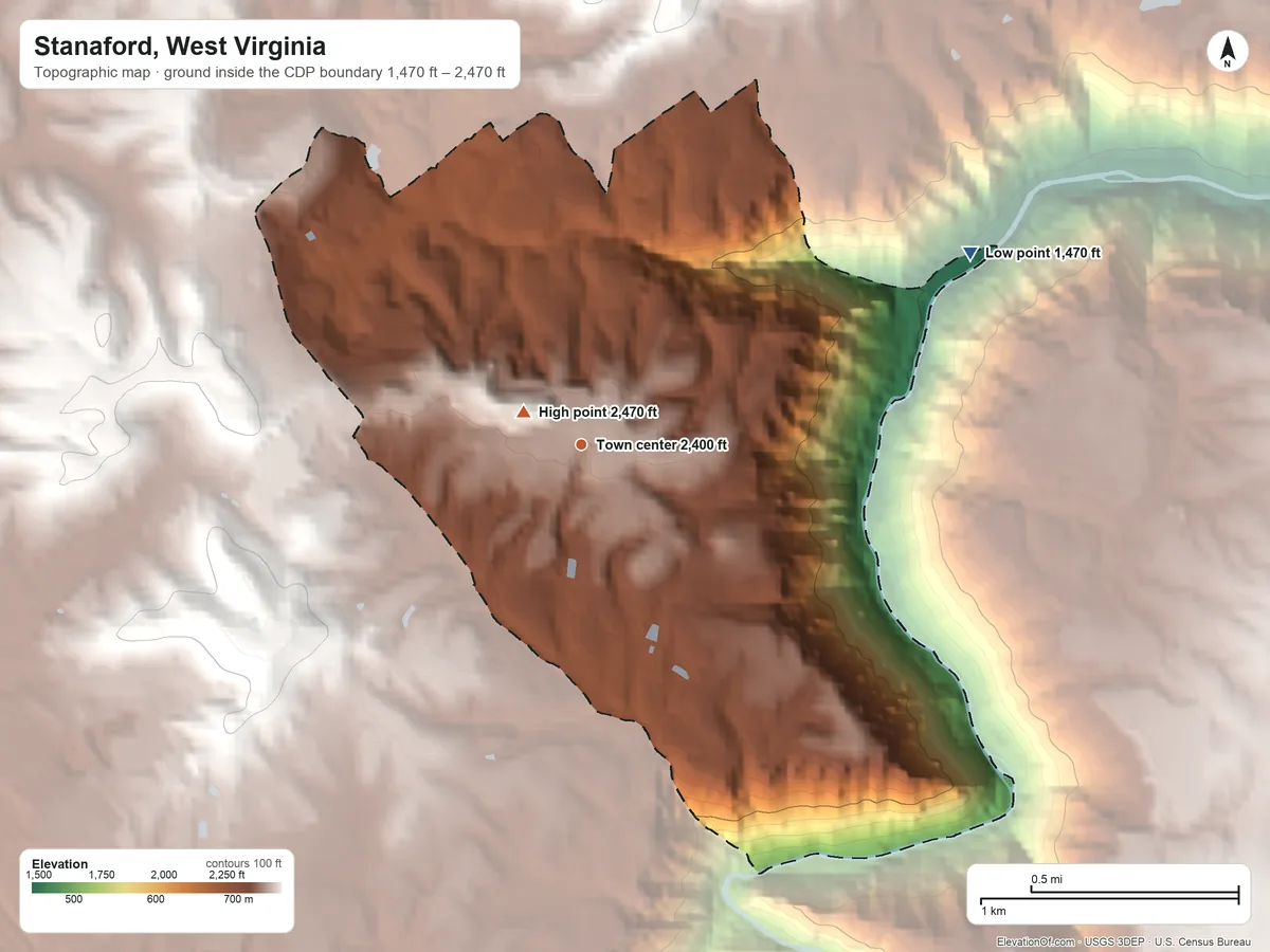 Topographic elevation map of Stanaford, West Virginia, shaded from 1,470 ft on the northeast side to 2,470 ft near the middle