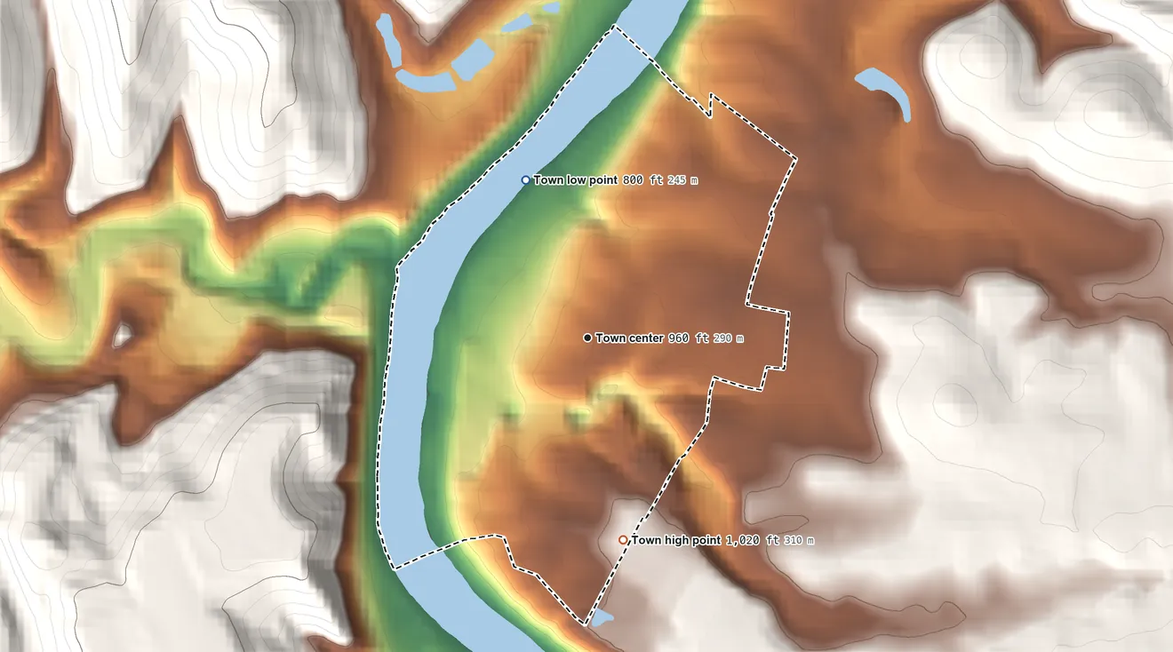 Topographic elevation map of Star City, West Virginia, shaded from 800 ft on the north side to 1,020 ft on the south side