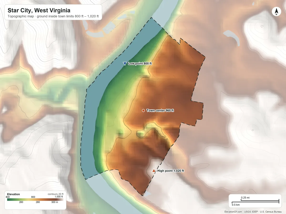 Topographic elevation map of Star City, West Virginia, shaded from 800 ft on the north side to 1,020 ft on the south side
