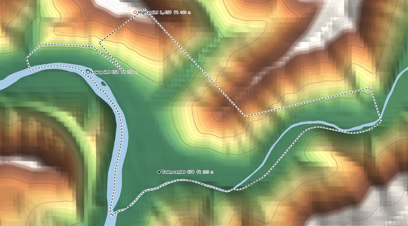 Topographic elevation map of Stollings, West Virginia, shaded from 650 ft on the northwest side to 1,450 ft on the north edge, below higher ground just outside