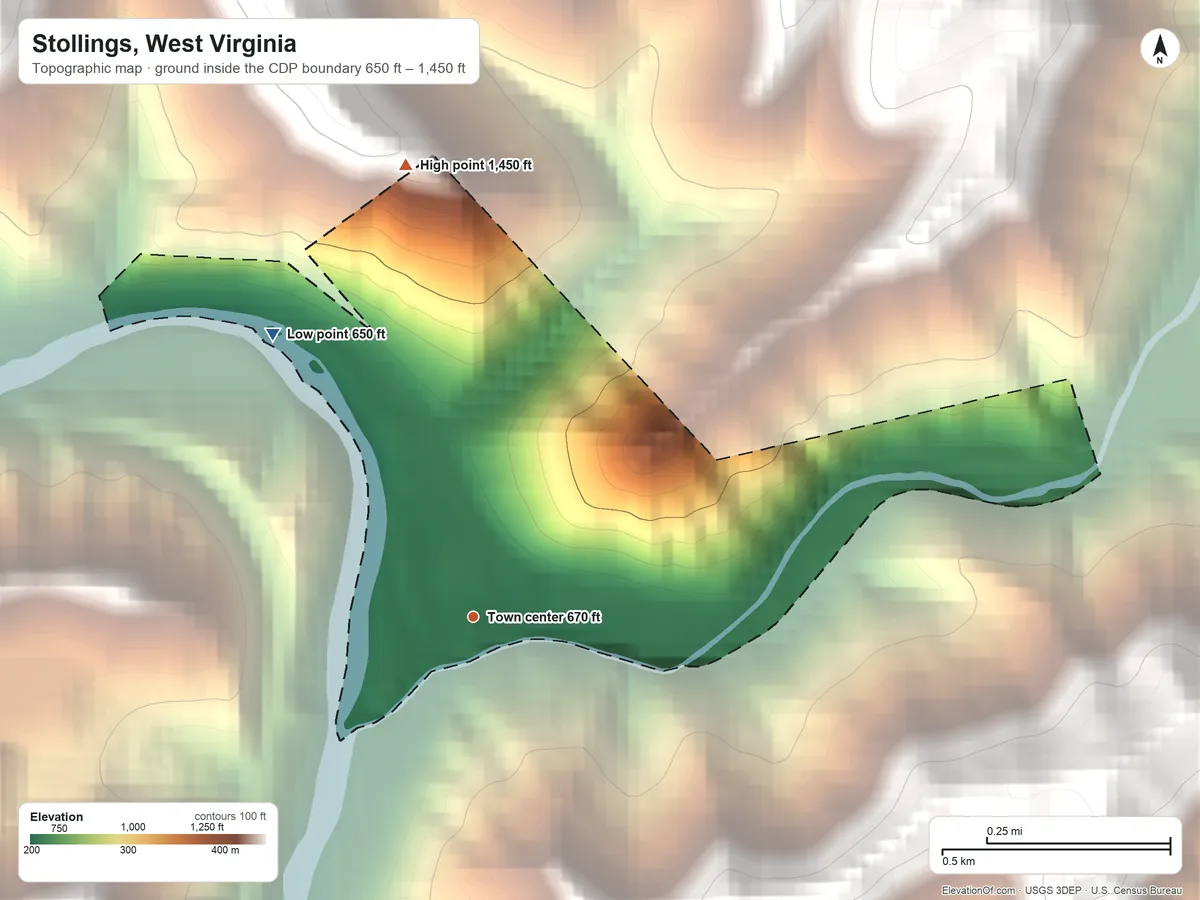 Topographic elevation map of Stollings, West Virginia, shaded from 650 ft on the northwest side to 1,450 ft on the north edge, below higher ground just outside