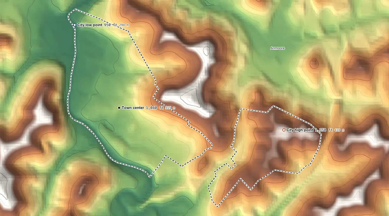 Topographic elevation map of Stonewood, West Virginia, shaded from 950 ft on the northwest side to 1,350 ft on the east side