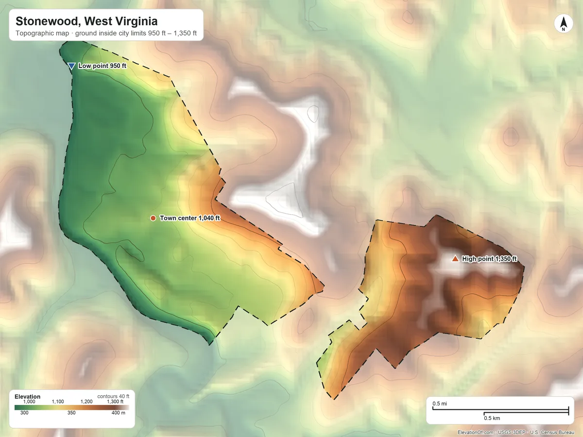 Topographic elevation map of Stonewood, West Virginia, shaded from 950 ft on the northwest side to 1,350 ft on the east side