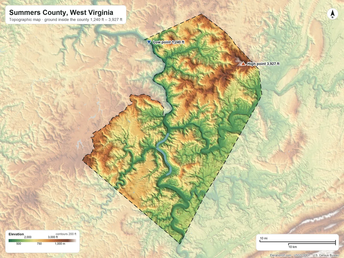 Topographic elevation map of Summers County, West Virginia, shaded from 1,240 ft on the north side to 3,927 ft on Keeney Knob